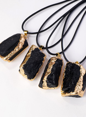 跨境天然水晶原石黑碧玺鎏金吊坠电气石石柱吊坠水晶项链饰品