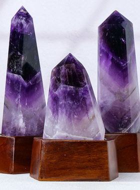 天然紫水晶柱带底座权杖 紫水晶原石打磨单尖棱柱家居装饰摆件