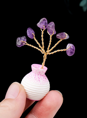 跨境天然水晶碎石花树摆件紫水晶碎石手工编织发财树家居装饰