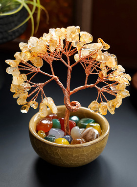 天然水晶碎石聚宝盆茶盏底座水晶树黄水晶招财树水晶生命树