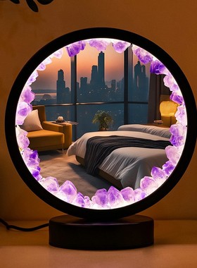 跨境天然水晶牙花簇镜子灯亚克力圆形灯卧室化妆镜家用补光镜