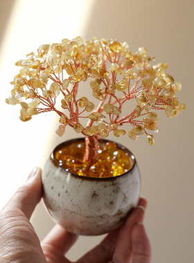 天然水晶碎石聚宝盆水晶树陶瓷底座黄水晶发财树客厅玄关招财