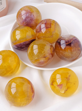 天然黄萤石紫云母共生球摆件水晶原石打磨风水球七星阵球摆件