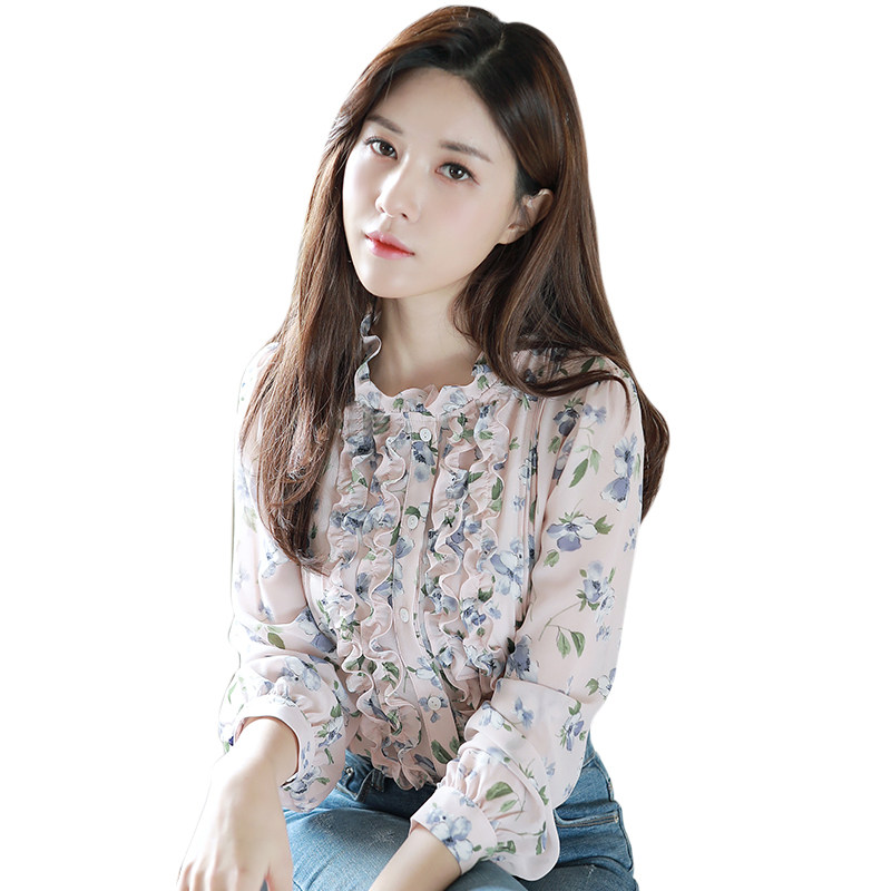 2020秋冬小衫洋气长袖碎花雪纺衬衫 宝采尔蕾丝衫/雪纺衫