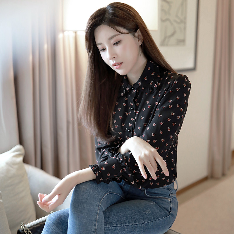 黑色加绒秋冬修身2020新款雪纺衬衫 宝采尔蕾丝衫/雪纺衫