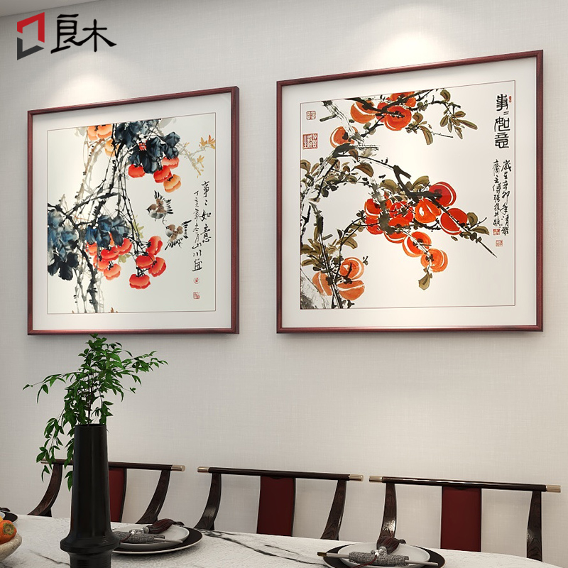 新中式事事如意餐厅装饰画入户玄关画挂画荷花九鱼图手绘斗方壁画-图0