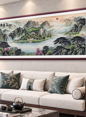 聚宝盆山水画客厅挂画西墙聚财沙发背景墙装饰画新中式壁画办公室