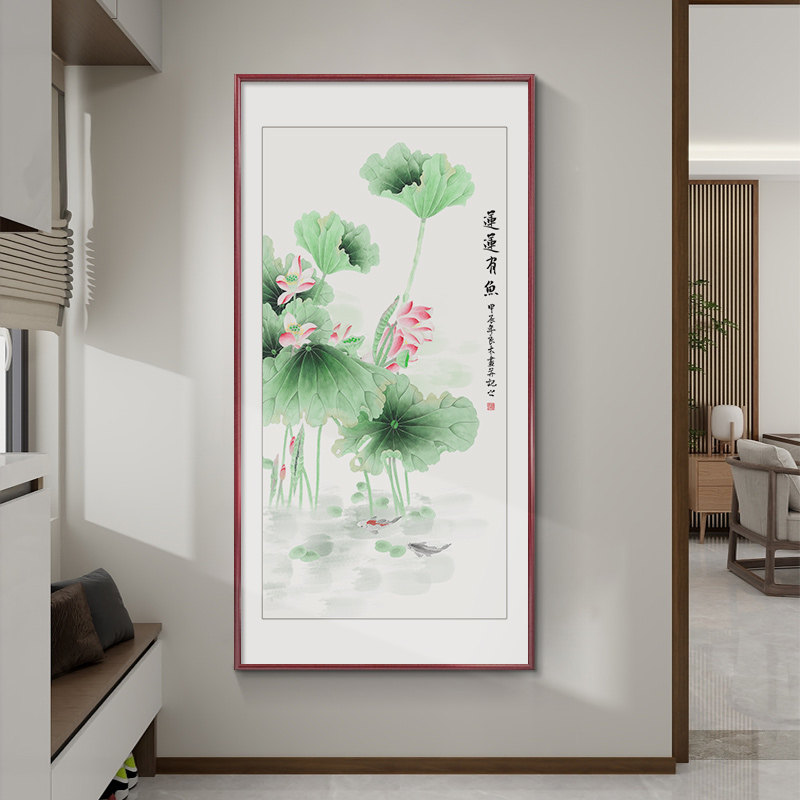 石榴荔枝图正对入户门玄关挂画新中式紫气东来装饰画手绘国画壁画