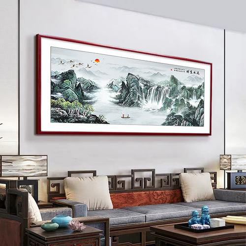 流水生财山水画客厅沙发背景墙挂画风景画招财办公室壁画国画横 - 图2