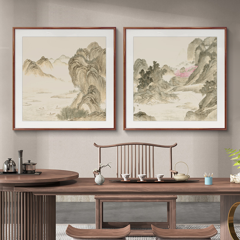 湖山春暖国画新中式玄关装饰画山水画客厅餐厅书房挂画斗方形风景