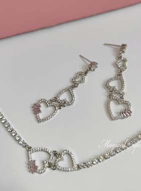 甜美教主爱心套装项链耳环有耳夹