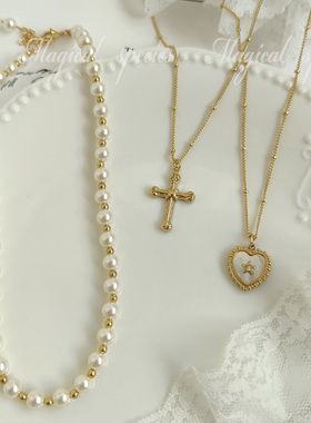 原创韩系爱心十字架珍珠叠戴项链