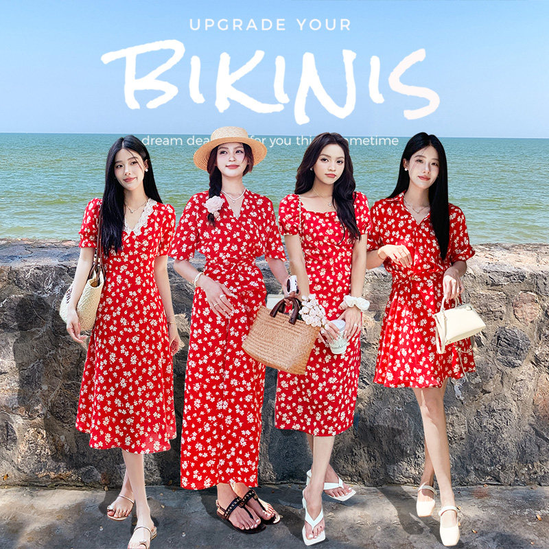 2024夏不一样的闺蜜装红色泡泡袖碎花连衣裙姐妹装V领度假长裙子