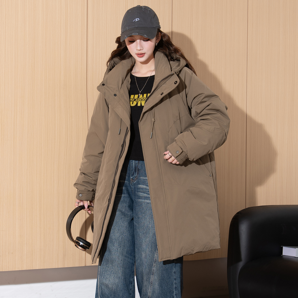 唐狮2025冬季女连帽中长款羽绒外套派克服高级感时尚宽松百搭 - 图0