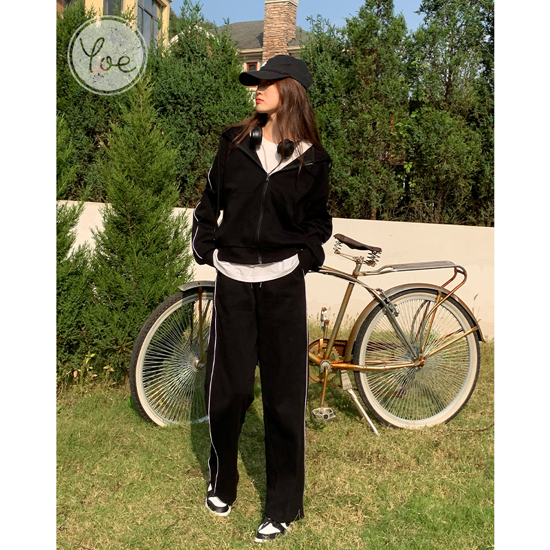 yoe春装卫衣运动套装女黑色休闲两件套韩系显瘦运动服开衫外套
