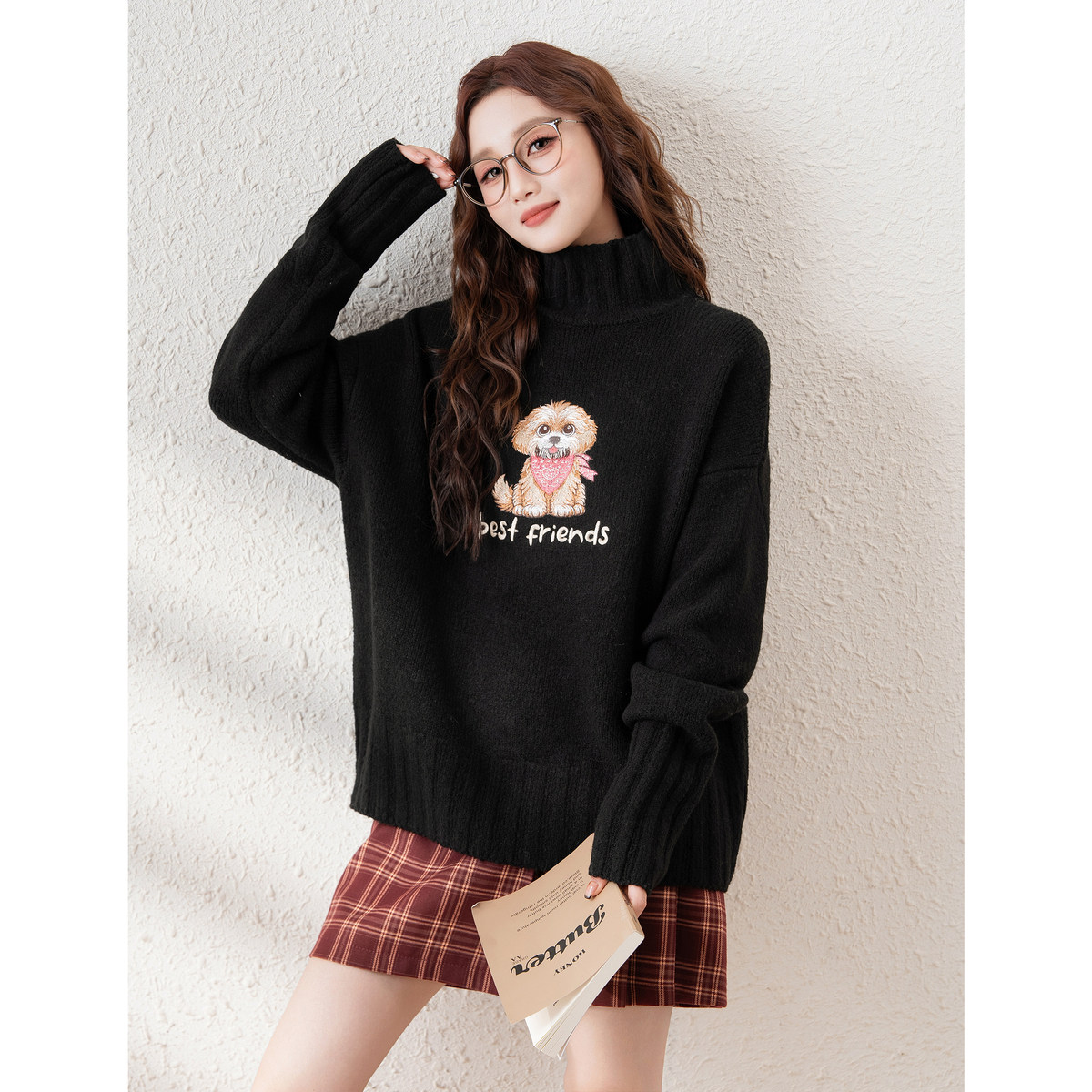 唐狮高领红色毛衣女新年战袍2024新款冬季软糯慵懒半高领宽松上衣