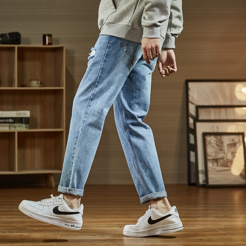 唐狮男士2021秋新款韩版纯色牛仔裤 唐狮喜之乐牛仔裤