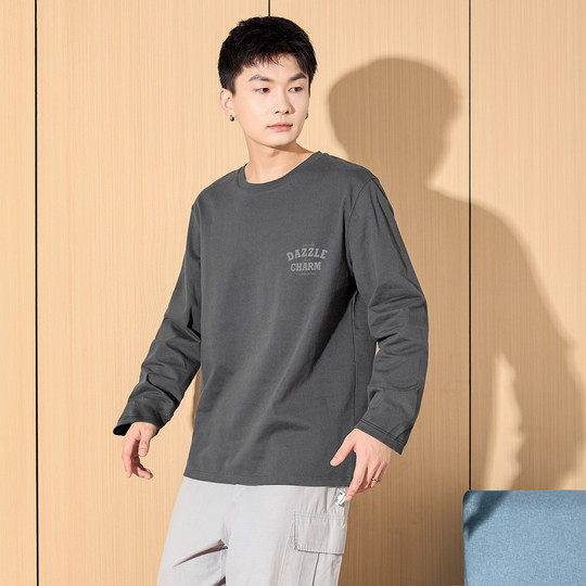 Tangshi Herbst neues Langarm-T-Shirt Herren Rundhals-Oberteil bedruckt lockere und einfache Innenschicht trendy