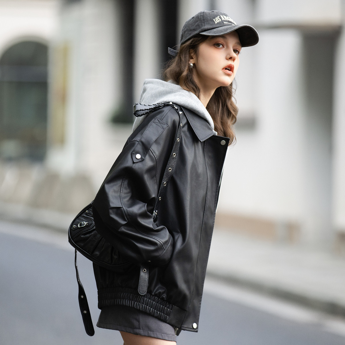 唐狮2026春季皮衣外套女款假两件连帽皮衣时尚宽松美式复古冬黑色,淘宝优惠券,粉丝福利购,淘宝优惠卷