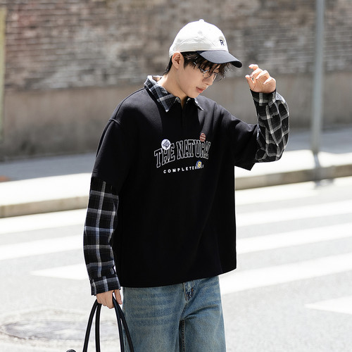 唐狮春秋男款长袖polo衫假两件字母印花设计感独特翻领上衣 - 图2