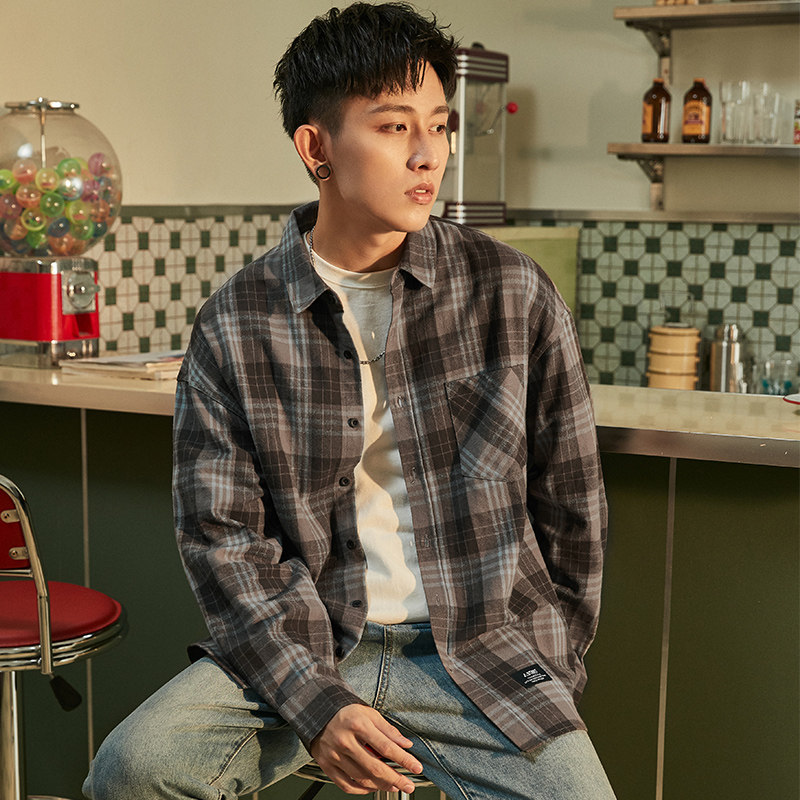 唐狮长袖格子男士2021秋新款衬衫 唐狮喜之乐衬衫