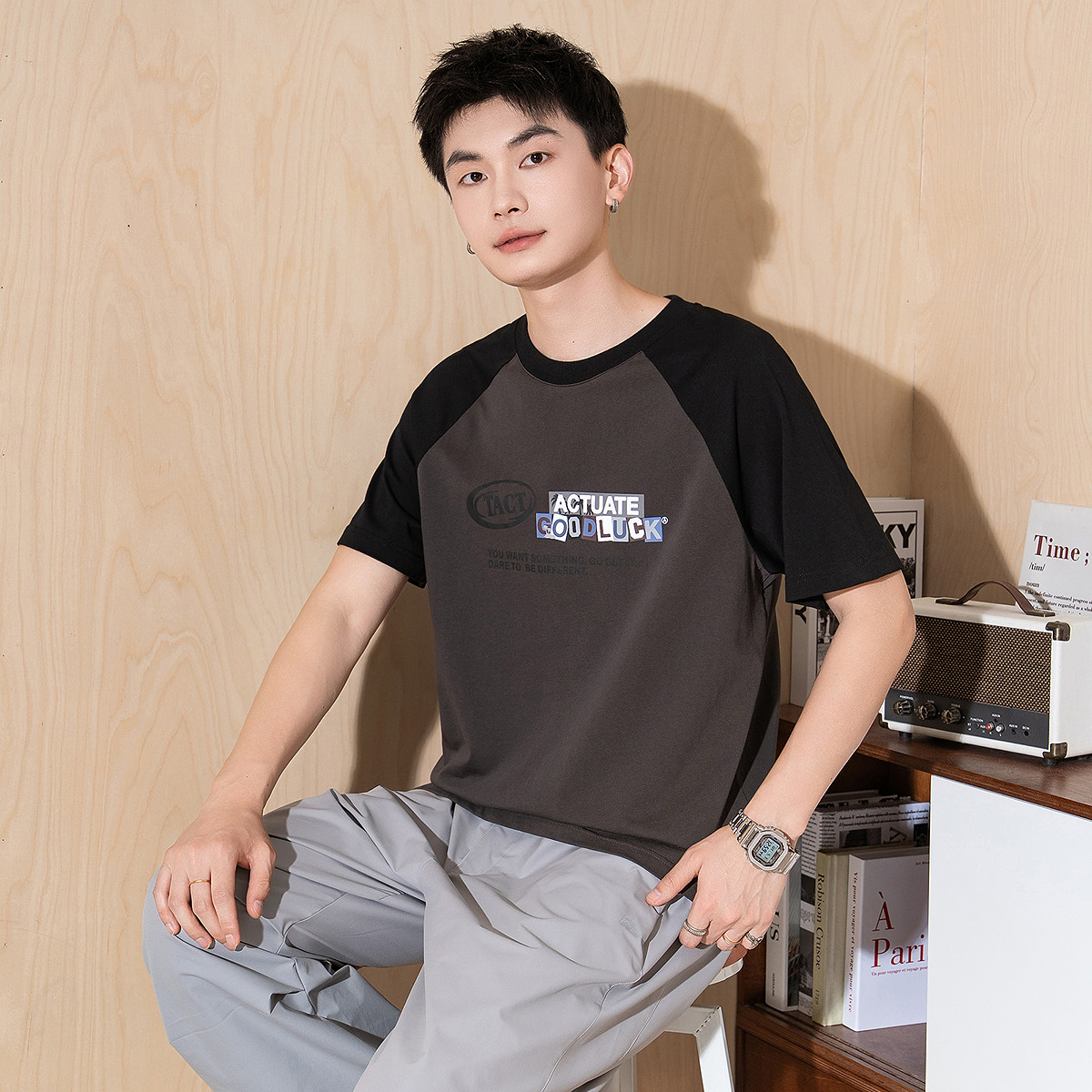 唐狮2026夏季新款男短袖T恤插肩袖撞色圆领上衣宽松潮流内搭打底t,淘宝优惠券,粉丝福利购,淘宝优惠卷