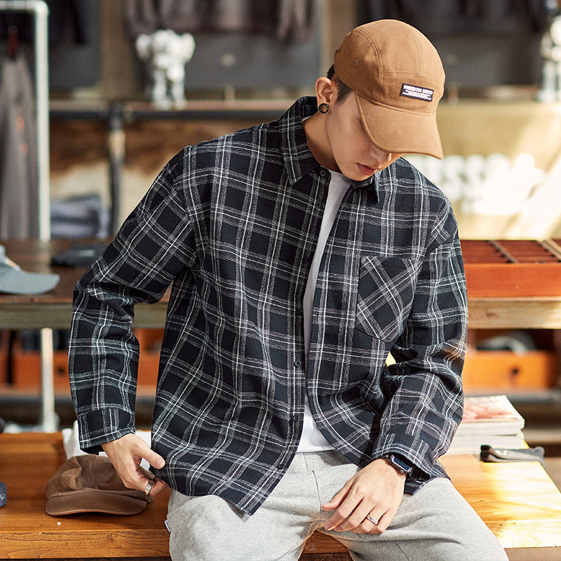 唐狮格子男长袖加绒加厚宽松衬衫 唐狮喜之乐衬衫