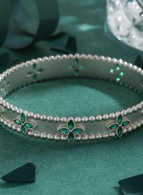 梵克五花V金材质镶嵌绿锆石4️⃣枼草滚珠边万花筒手镯女宽版手环