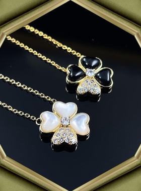 梵克五花V金四叶草天然白贝母黑玛瑙项链爱心幸运草花镶钻吊坠女