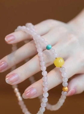 天然藕粉老料和田玉搭配蜜蜡绿松珍珠多圈秀气手串送女友生日礼物