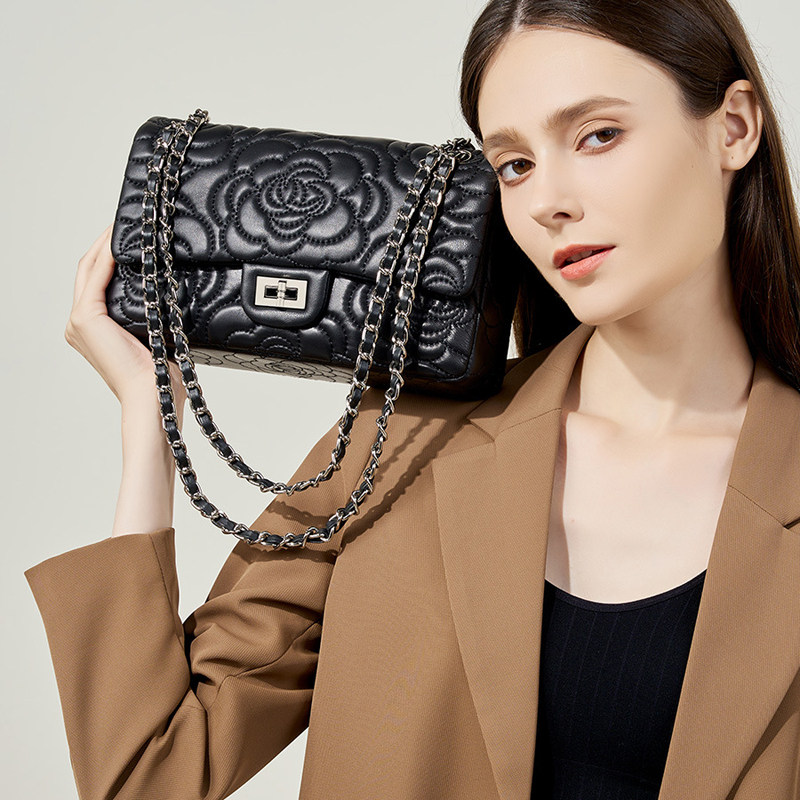 小香风山茶花头层高山羊皮真皮菱格女包质感洋气链条包单肩斜挎包,淘宝优惠券,粉丝福利购,淘宝优惠卷