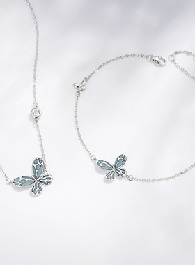 蝴蝶夜光纯银925手链女小众设计轻奢款锆石手环森系蓝色极光手饰