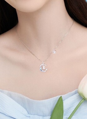 S925纯银月下蝶影锁骨链甜美气质幻彩月光石吊坠镶钻蝴蝶简约