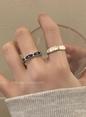 复古珐琅滴油花纹戒指女ins小众设计蓝色食指戒时尚个性百搭指环