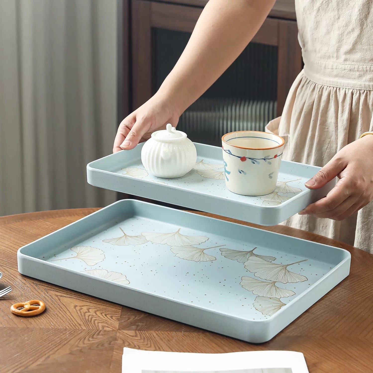 复古银杏叶图案餐用托盘家用长方形上菜盘子仿瓷密胺塑料托盘茶盘,淘宝优惠券,粉丝福利购,淘宝优惠卷