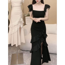 Fan-style small crowdsourced unique irregular open fork design with long dress temperament pure color Misdemeanor wind up to slim fit dress