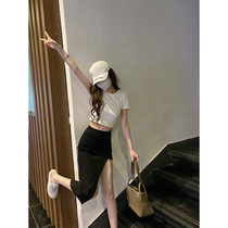 High Waist Display Slim Irregular Side Large Open Fork Sexy Reveal Leg Bag Hip temperament Long-style black half-body dress child Xia