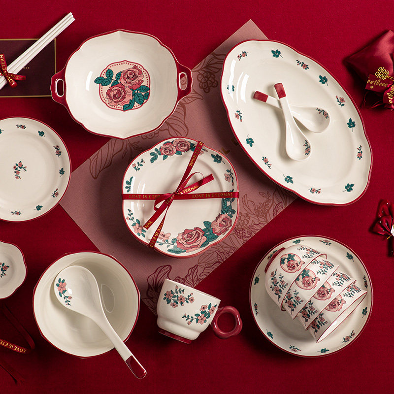 玫瑰餐具新婚结婚订婚礼物送新娘新人实用碟碗盘套装乔迁新居礼盒