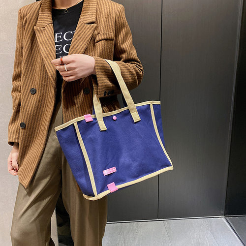 帆布包潮流撞色女士手提包韩国ins文艺帆布购物袋单肩包大容量 - 图2
