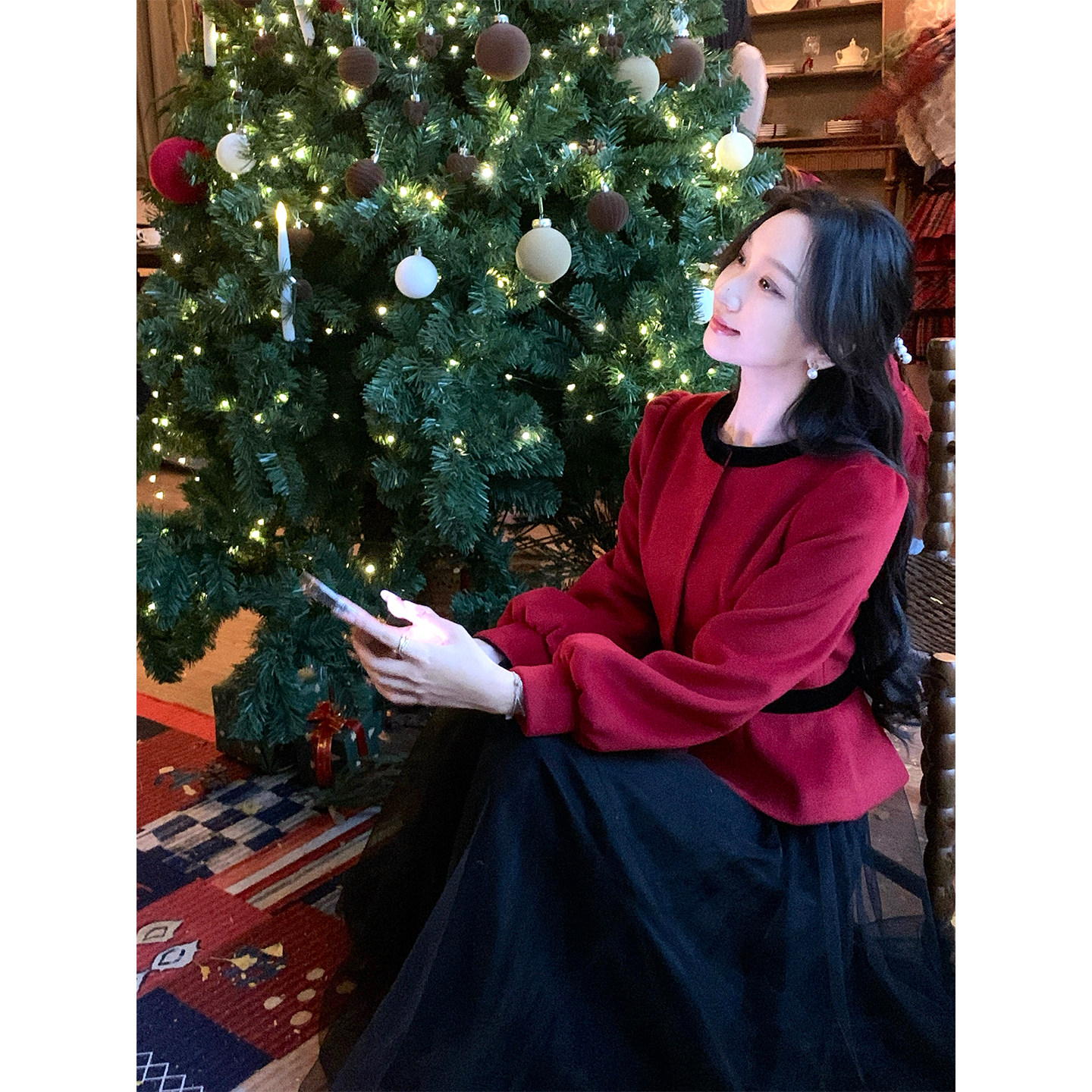 韩语琳 圣诞氛围感穿搭红色套装女毛呢外套半身裙两件套,淘宝优惠券,粉丝福利购,淘宝优惠卷