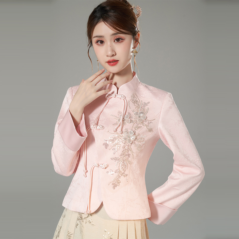 韩语琳新中式长袖衬衫女2024年新款洋气时尚上衣设计感粉色春秋款-图1