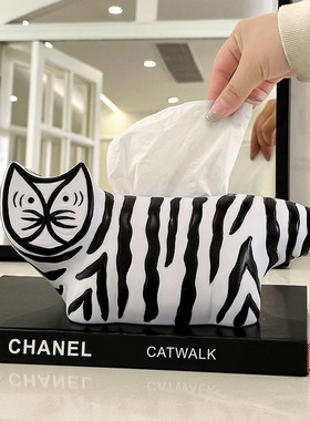 现代卡通黑白条纹平脸猫摆件家居客厅玄关卧室样板房桌面软装饰品