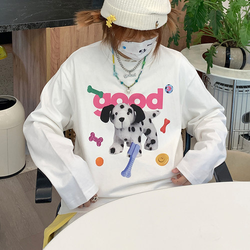 美好商店MeihaoStore白色玩具斑点狗good印花休闲宽松长袖T恤纯棉 - 图0