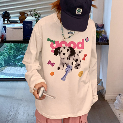 美好商店MeihaoStore白色玩具斑点狗good印花休闲宽松长袖T恤纯棉 - 图2