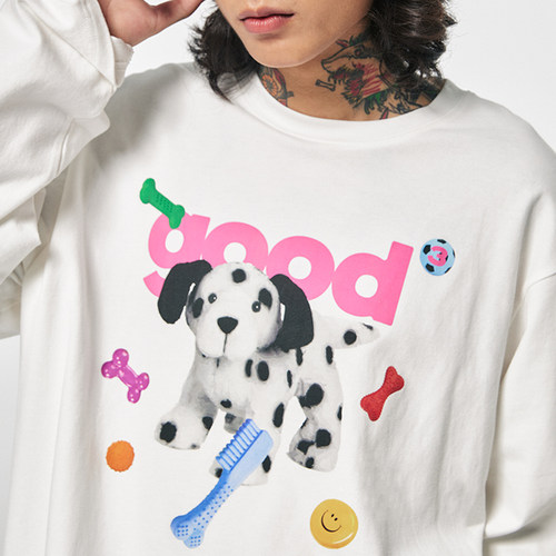 美好商店MeihaoStore白色玩具斑点狗good印花休闲宽松长袖T恤纯棉 - 图1