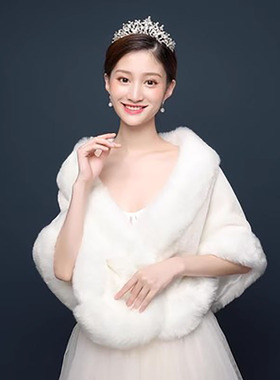 新娘婚纱毛披肩女冬季保暖婚礼白色斗篷旗袍红色大码披风外搭配饰