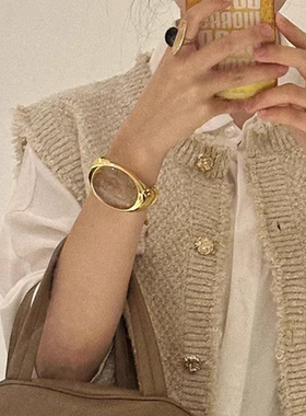 小众设计椭圆天然发晶石镂空镶嵌手环通勤百搭简约重工开口手镯