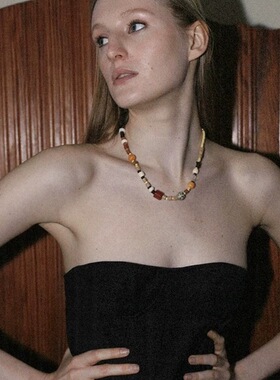 南法假日玉石木质串珠不对称彩色串珠锁骨链小众气质感项链女短款