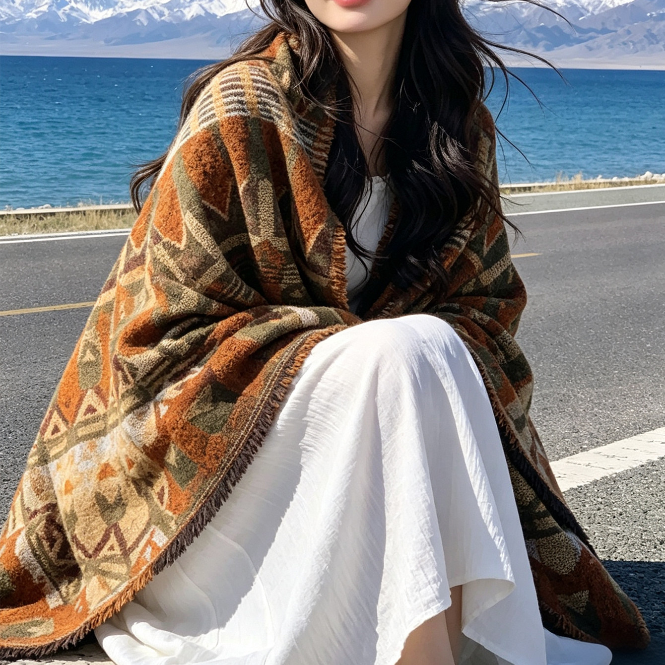 超出片~氛围感森系民族风围巾女冬季加厚新疆西藏大西北旅拍披肩