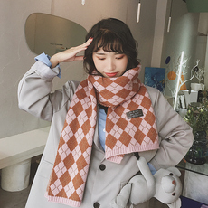 шарф 蔡小胖双面针织毛线拼色几何围巾女秋冬日系格子围脖保暖加厚披肩